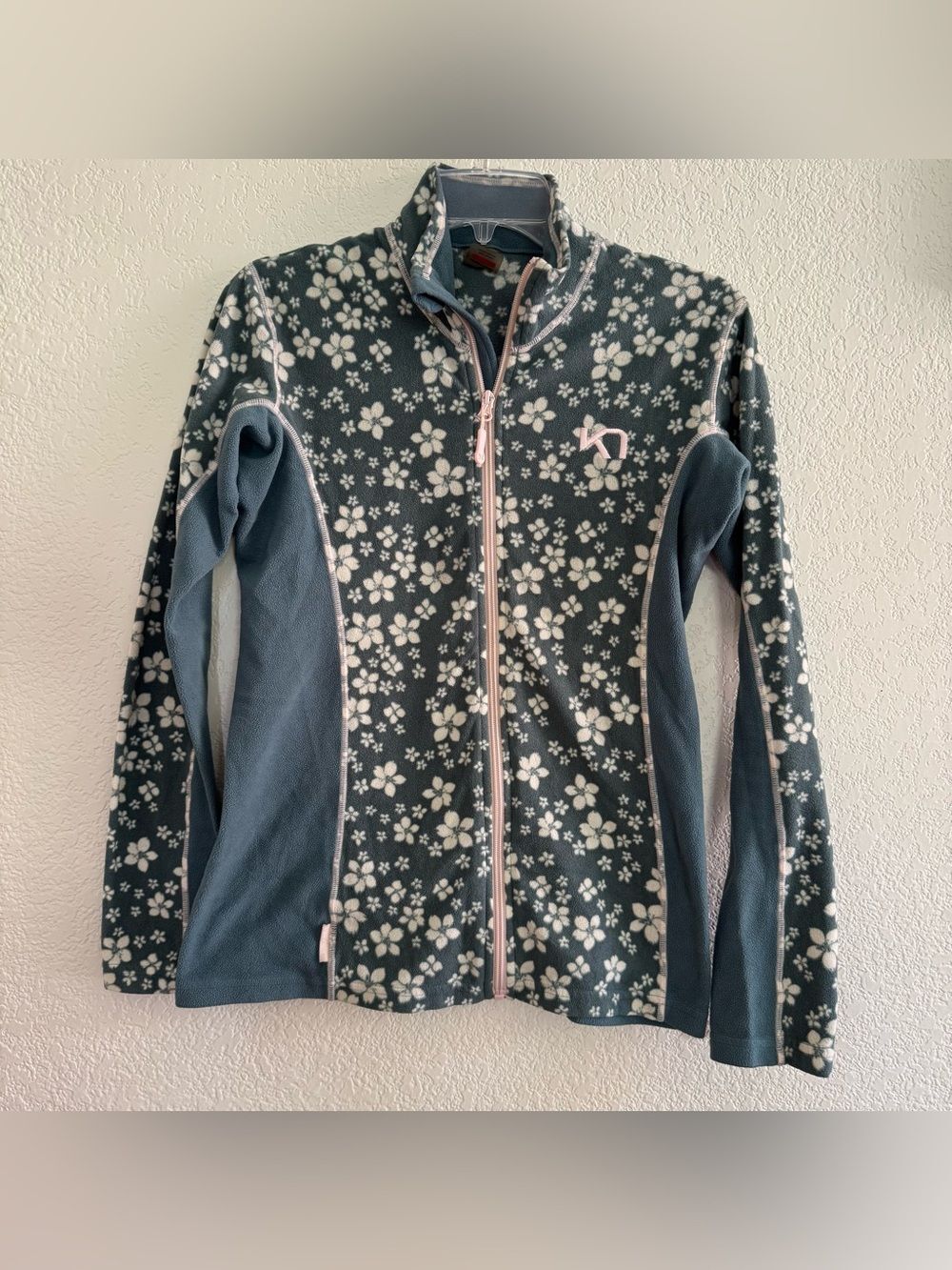 Kari Traa Floral Green Cream Fleece Jacket Full Zip Outdoor Hiking Layering M
